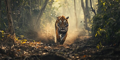 Close up Siberian Tiger walking on road through dark forest - obrazy, fototapety, plakaty