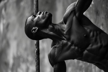 man in an acrobatic pose holding a vertical bar in a black and white 