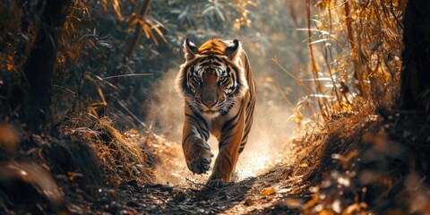 Close up Siberian Tiger walking on road through dark forest