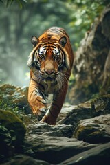 Amur tiger walking in the water. Dangerous animal, taiga, Russia. Animal in green forest stream.