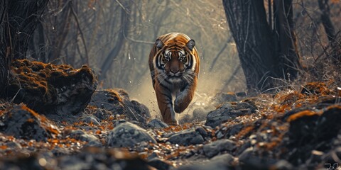 a tiger running through the forest with trees behind it, in the style of photorealistic portraits, intense action scenes, dusty piles, aerial photography - obrazy, fototapety, plakaty