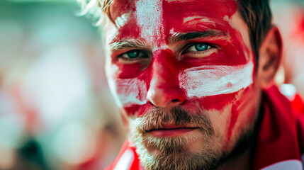 Danish soccer fan cheering and supporting the Danish national team in the stadium with flag makeup on his face.