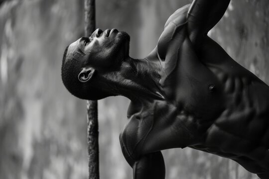 man in an acrobatic pose holding a vertical bar in a black and white 