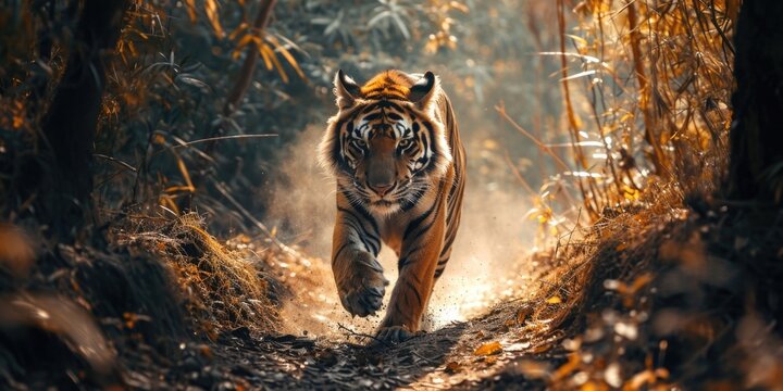 Close up Siberian Tiger walking on road through dark forest