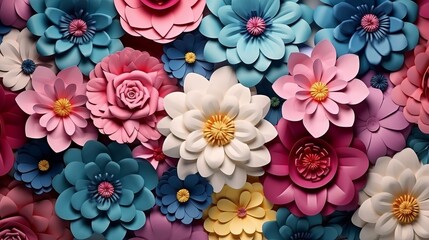 Colorful Paper Flowers on Abstract Floral Wallpaper AI Generated