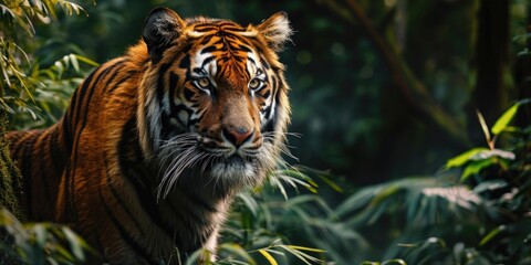 Close-up of a Sumatran tiger in a jungle