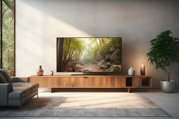 Modern living room interior with tv on wood cabinet.3d rendering