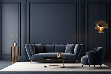 Modern living room mock up with dark blue sofa, armchairs near coffee table, modern rug, floor lamp and empty gray wall, luxury living room interior background, 3d rendering