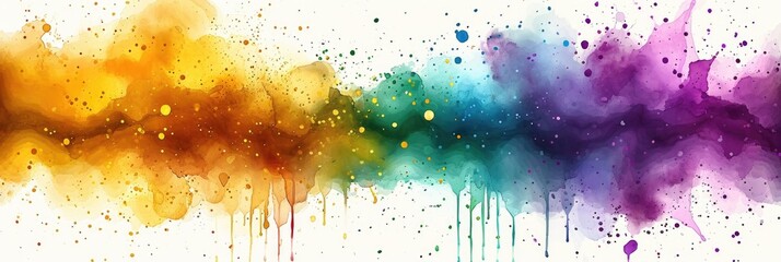 A painting of a rainbow of paint on a white background. Mardi Gras background with purple, green and golden colors.