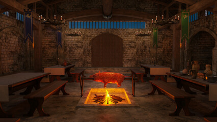 Hog roasting over an open fire in a medieval Viking dinner hall. 3D rendering..