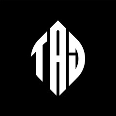 TAJ circle letter logo design with circle and ellipse shape. TAJ ellipse letters with typographic style. The three initials form a circle logo. TAJ circle emblem abstract monogram letter mark vector.