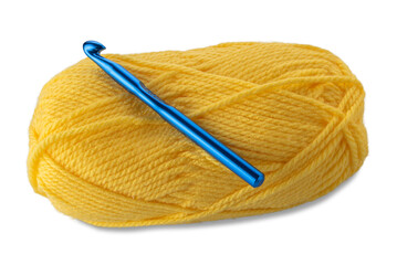 Ball of yellow-colored wool yarn with knitting weaving crochet hook 10 mm blue color isolated