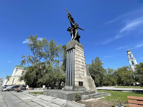 Ekaterinburg, Russia, July, 05, 2021.  
 Monument to the Komsomol of the Urals. Sverdlovsk region, Yekaterinburg, Voznesenskaya Square