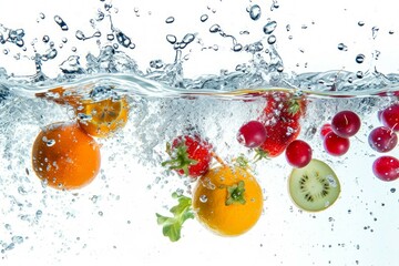 Fruits thrown and dropped into sparkling water, many bubbles,  Fruits were thrown into the sparkling water and dropped, many bubbles 
