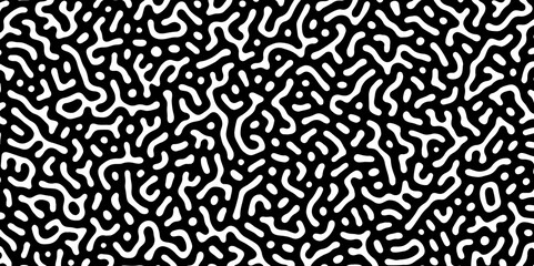 Abstract Turing organic wallpaper with background. Turing reaction diffusion monochrome seamless pattern with chaotic motion. Natural seamless line pattern. Linear design with biological shapes.