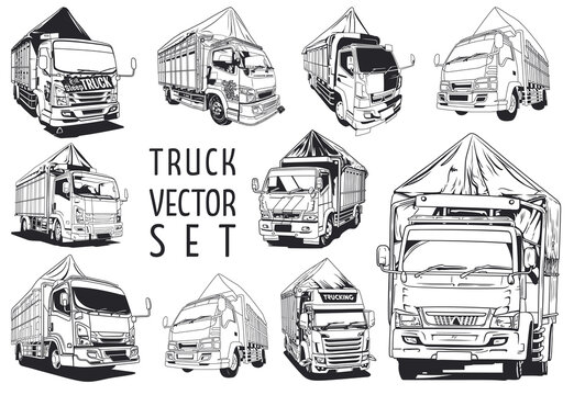 Set of trucks. Vector illustration in sketch style for your design.