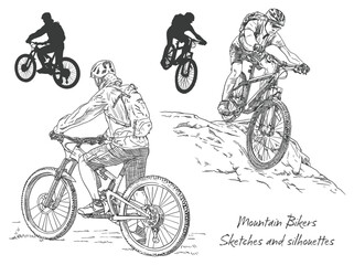 Cyclists on a mountain bike. Vector hand drawn illustration.