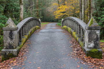 A large stone bridge next to a green wooded area