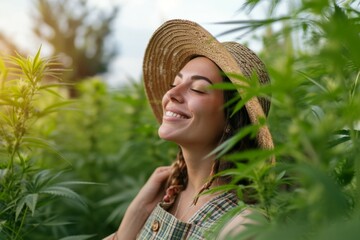 Young woman farm owner with beautiful cannabis plants growing in the plant and Inspecting the integrity of the stem and leaves.