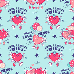 Fototapeta na wymiar Seamless pattern with Valentine's concept with funny hearts. Groovy mascot in love. Cool funky background, retro style. 14 February pattern for fabric, tile backdrop or wrapping paper.