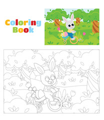 Coloring page. Spring illustration of a cute bunny on a bicycle. The rabbit is in a meadow among trees and flowers.