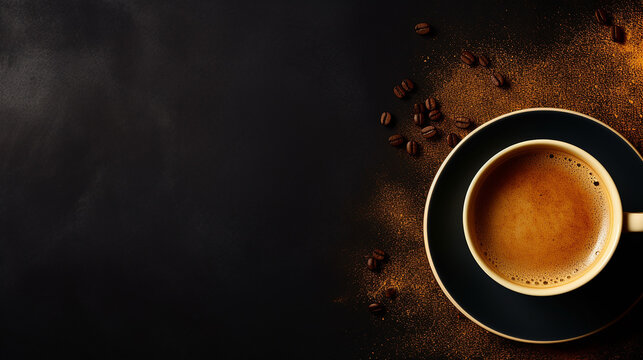 cup of coffee on gold black background. minimalistic Minimalistic flat lay style. Top view. Image of beautiful, golden, aroma