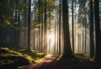 German Forest in Black Forest with sunny ray of light stock photoForest Tree Nature Backgrounds