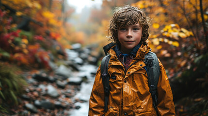 Tween boy stands in rain sodden forest in fall colors
