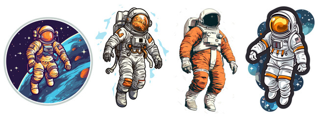 astronaut collection different colors, spacecraft illustration - obrazy, fototapety, plakaty