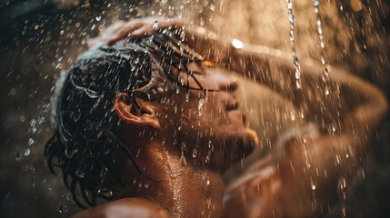 Man is washing in the shower - obrazy, fototapety, plakaty