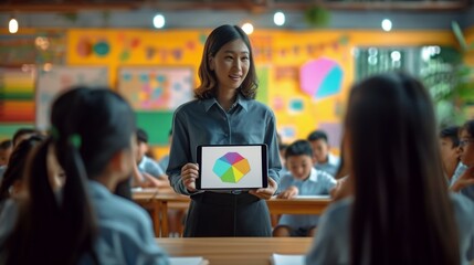 Teacher teaching kids on digital tablet in classroom at school 