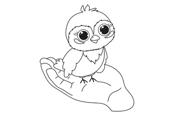 Coloring book A cute bird sits on the palm. Vector illustration, coloring book for children. Doodle background. cartoon characters