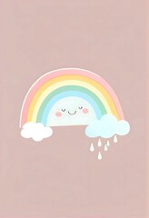 pastel colours, flat colours, Rainbow with cute face, light pink background, simple,.