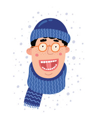 Cheerful boy in a knitted hat and a scarf speaks. Funny cartoon child on isolated background. Can be used for the design of winter products for children. Vector illustration.