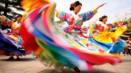 Joyful ethnic asian festival celebration,  in colorful dresses
