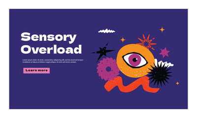 A landing page with abstract rough shapes on the topic of sensory overload. A website design template for the problems of people with ADHD.