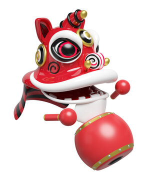 3d lion dance head with chinese drum, sticks for festive chinese new year holiday. 3d render illustration