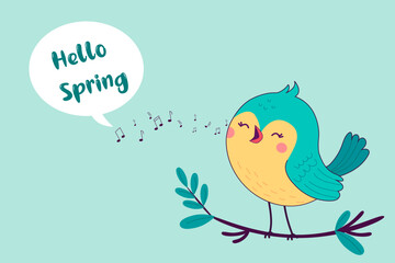 Hello spring vector illustration. The bird sits on the hill and sleeps. The bird brings spring