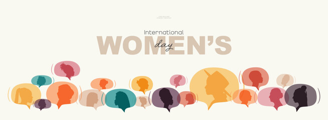 International Women's Day banner. Different women in chat bubbles.