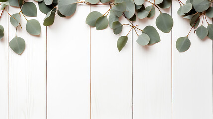 eucalyptus branches and leaves on wooden rustic white background