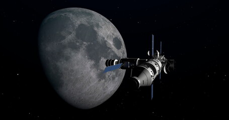 Naklejka premium Spaceship arriving at Moon, space mission to the Earth satellite