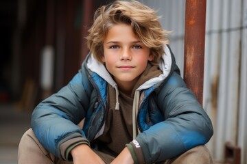 Portrait of a cute boy with blond curly hair in a blue jacket