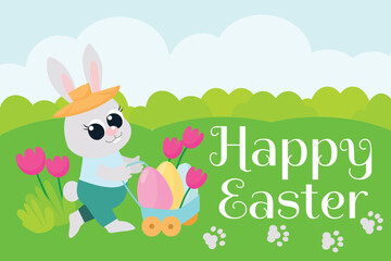 Naklejka premium Greeting Easter card. Little cute bunny is carrying colored eggs in a cart. Great illustration in cartoon style for holidays.