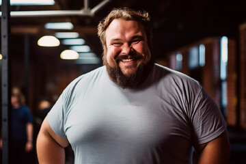 Fototapeta na wymiar Man with beard laughing, fat man having fun,obese man in bar,guy in grey t-shirt