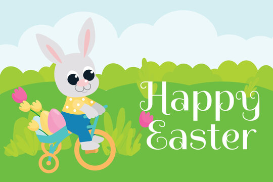 Greeting Easter card. Spring illustration of a cute bunny on a bicycle. Bunny in cartoon style for holidays.