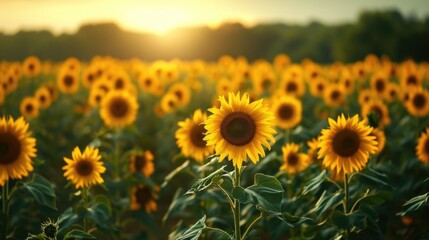 A field of sunflowers with the sun setting in the background. - Powered by Adobe
