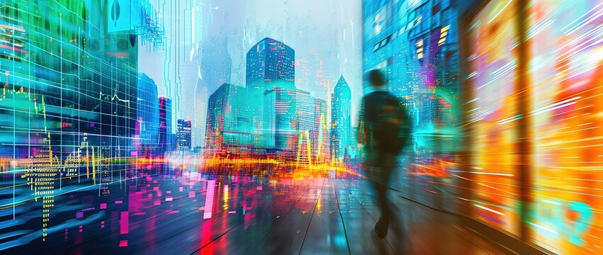 Futuristic financial district: dynamic combination of finance and technology, real-time data visualization