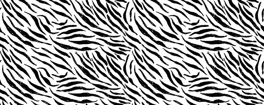 Seamless vector black and white zebra pattern. Stylish wild zebra print. Animal print background for fabric, textile, design, advertising banner.
