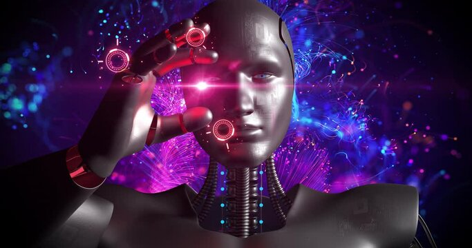AI Advanced Robot Controlling Glowing Data With His Hand. Electrical Waves. Technology And Science Related 3D Animation. 
