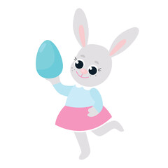 The Easter bunny is dressed and runs and holds a decorative egg in its paws. Festive illustration of happy character in cartoon style isolated on white background.